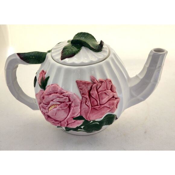 Teapot-Pacific Rim-White-Pink Roses-Green Leaves-Embossed-Holds 4 Cups - Picture 6 of 14